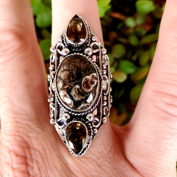 New Turtella Agate Fossil & Smoky Quartz 925 Silver Statement Ring. - Picture 8 of 13